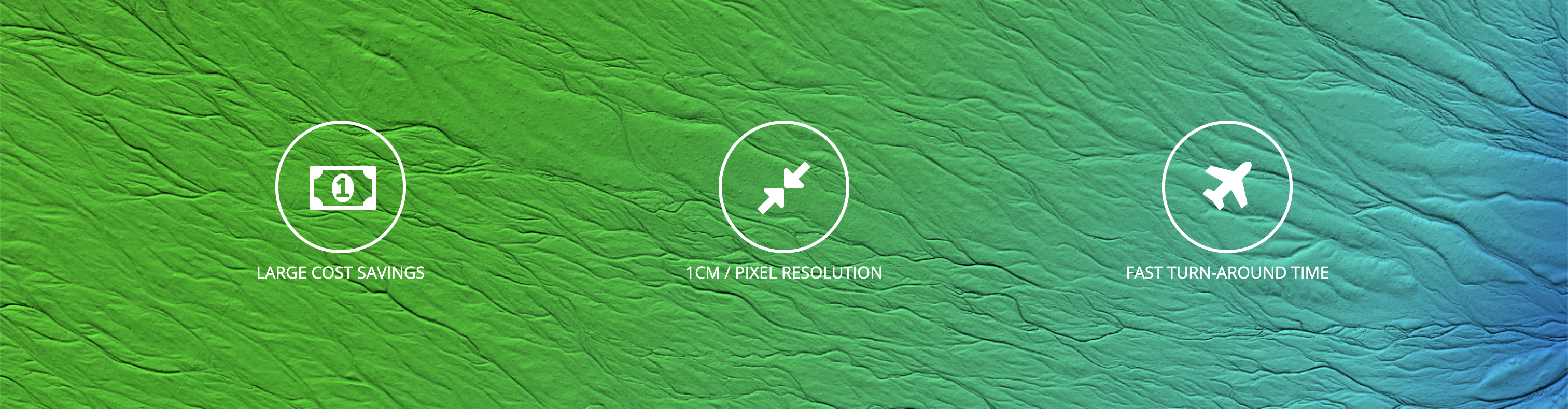 Textured green and blue background featuring three icons: a money symbol with Large Cost Savings, a measuring icon with 1 cm / Pixel Resolution, and an airplane noting Fast Turn-Around Time for unparalleled aerial data services.